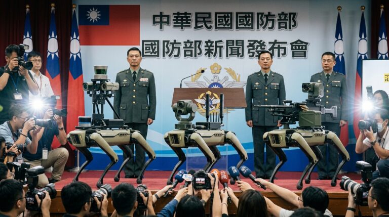 Trois robots-chiens Ghost Robotics demonstres au ministere de la Defense taiwanais a Taipei le 2 juin 2026
