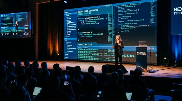 Keynote speaker on stage at a developer conference showing AI code generation