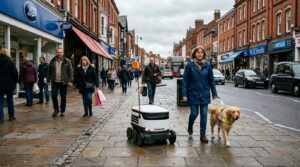 Robot livreur Starship a six roues sur un trottoir en Angleterre