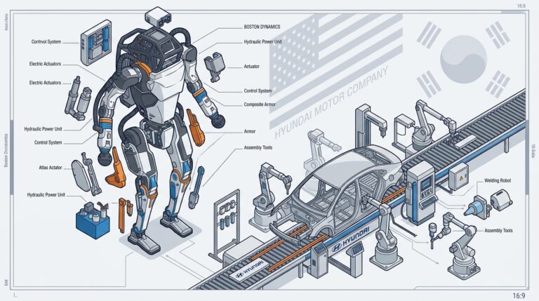 Robot humanoide Atlas de Boston Dynamics sur une chaine Hyundai