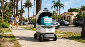 Robot autonome Serve Robotics roulant sur un trottoir de Los Angeles avec un sac de linge NoScrubs