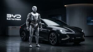 Robot humanoide prototype aux cotes d une voiture electrique BYD