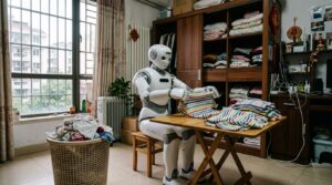 Humanoide SeeLight S1 pliant du linge dans un foyer chinois