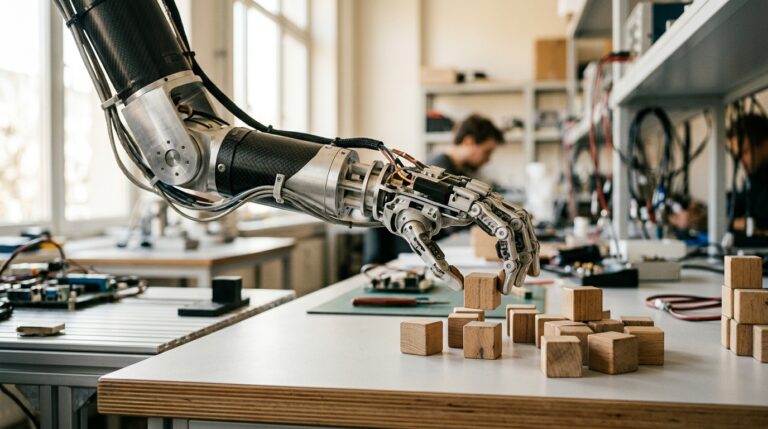 Bras robotique manipulant des objets dans un laboratoire de recherche en robotique