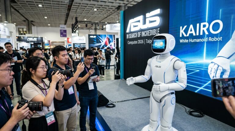 Robot de service ASUS Kairo expose sur le stand ASUS au Computex 2026 de Taipei