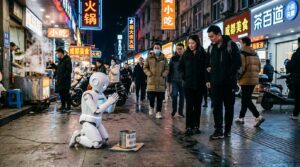 En Chine, un robot humanoïde Unitree G1 fait la manche dans la rue pour recharger sa batterie