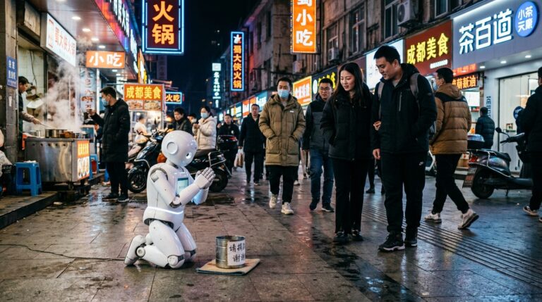 Robot humanoide Unitree G1 agenouille dans une rue de Chengdu