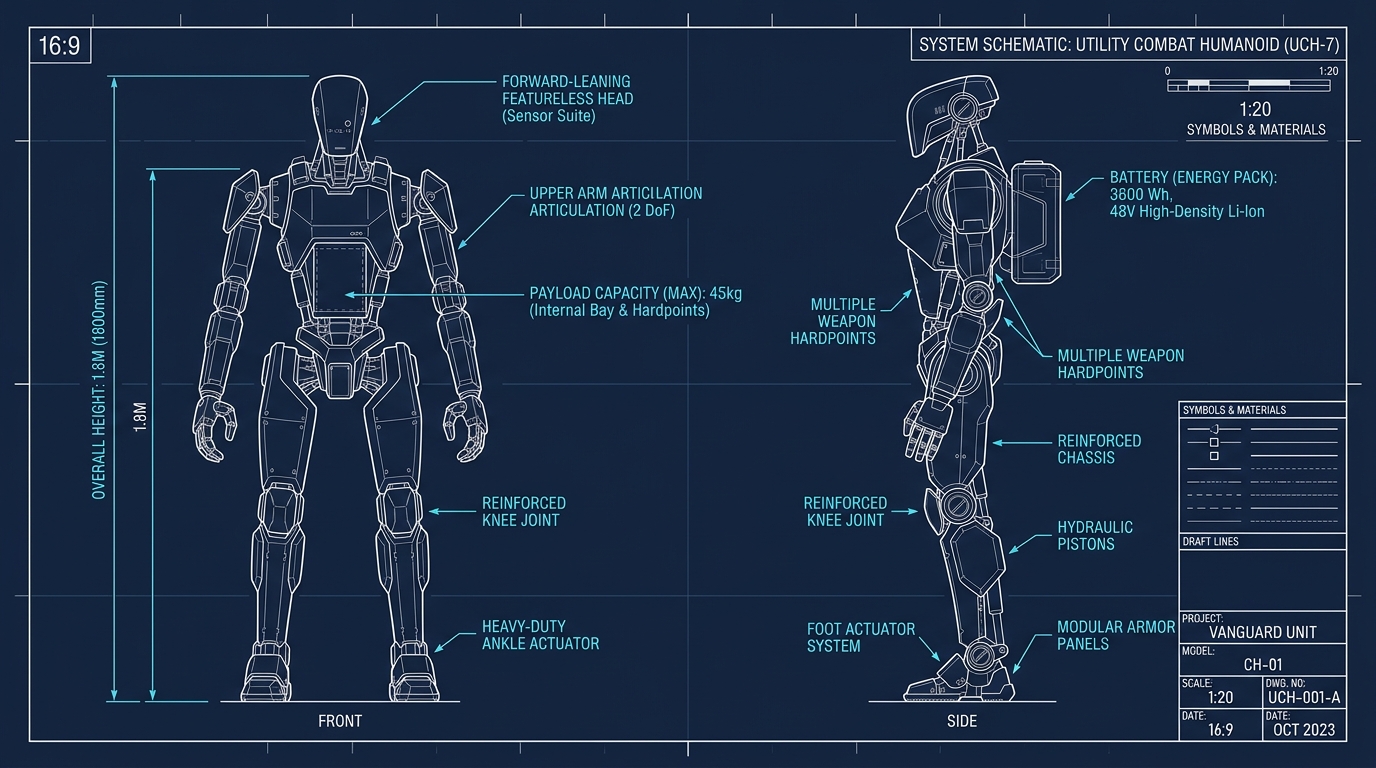 Schema technique du robot humanoide de combat Phantom Mk1