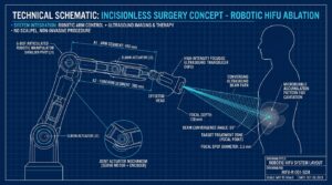 Schema technique du robot Petal Surgical avec faisceau ultrasonore focalise sur silhouette de torse