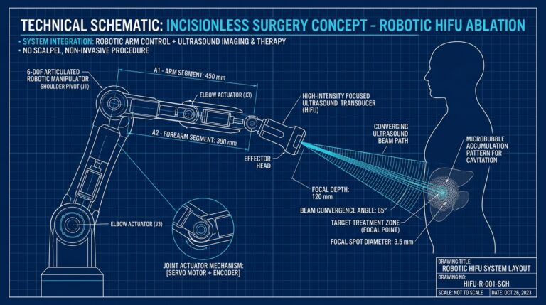 Schema technique du robot Petal Surgical avec faisceau ultrasonore focalise sur silhouette de torse