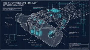 Main dextre de l humanoide 1X Neo saisissant une bouteille