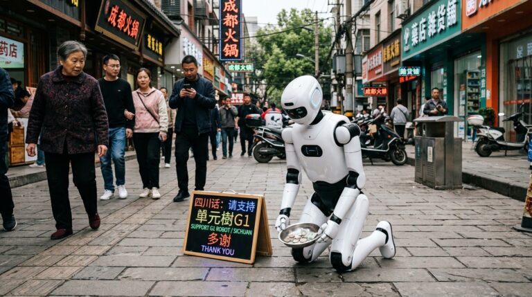 Robot humanoide Unitree G1 agenouille mendiant dans une rue du Sichuan