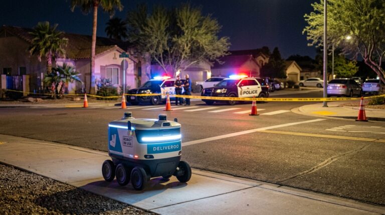 Robot de livraison autonome DoorDash dans une rue avec des voitures de police