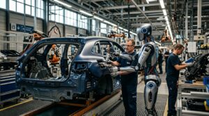 Robot humanoide travaillant sur une chaine d assemblage de SUV electriques