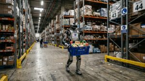 Robot humanoide transportant un bac dans un entrepot Carrefour
