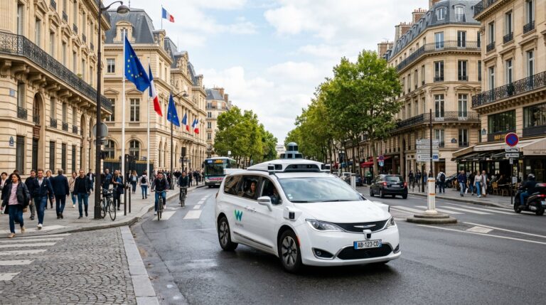 Robotaxi autonome circulant dans une rue europeenne