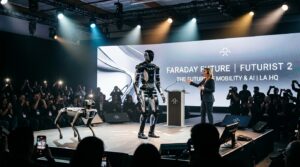 Humanoide Faraday Future Futurist 2 et quadrupede sur scene