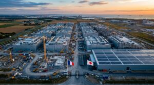 Vue aerienne des futurs data centers SoftBank dedies a lIA dans les Hauts-de-France a Dunkerque