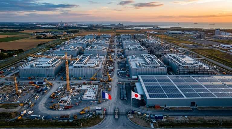 Vue aerienne des futurs data centers SoftBank dedies a lIA dans les Hauts-de-France a Dunkerque