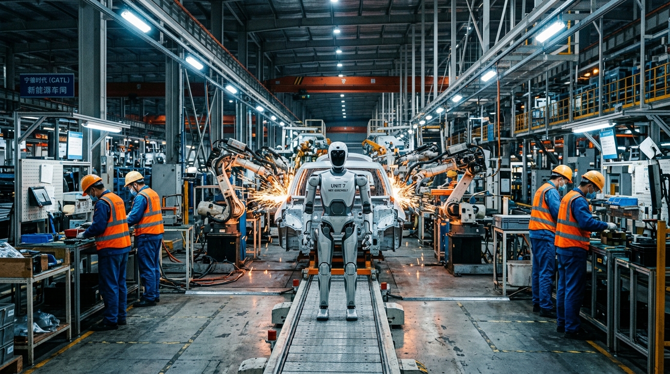 Illustration d'un robot humanoïde sur une chaîne de montage de voitures électriques en Chine
