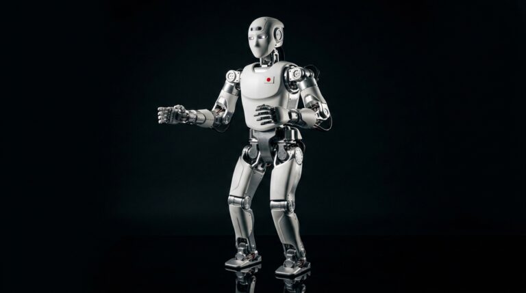 Humanoïde bipède dual-arm ATOM en studio noir, design industriel japonais