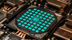 Macro photo de puce d inference Groq LPU sur rack serveur, lumiere turquoise