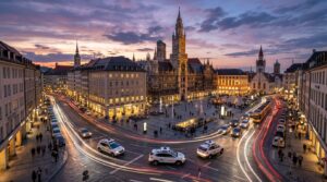 Vue aerienne nocturne de Munich avec plusieurs robotaxis autonomes equipes de capteurs LiDAR
