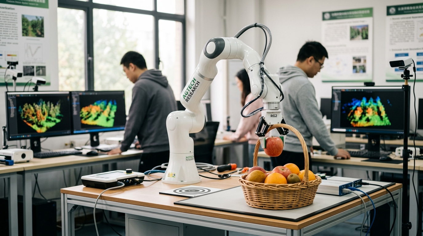 Illustration d'un bras robotique attrapant un fruit pour le déposer dans un panier dans un laboratoire