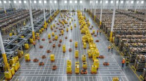 Vue aérienne d un entrepôt Amazon avec une flotte de robots autonomes Proteus en mouvement