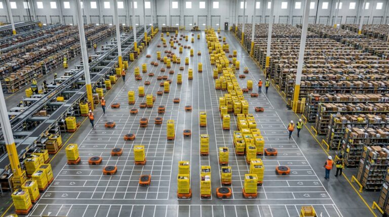 Vue aérienne d un entrepôt Amazon avec une flotte de robots autonomes Proteus en mouvement