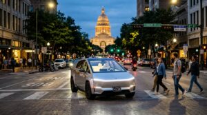 Tesla Robotaxi sans conducteur roulant dans une rue d Austin au crepuscule