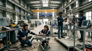 Ingenieurs Addverb travaillant sur un robot quadrupede et un humanoide
