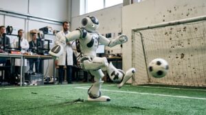 Robot humanoide Booster T1 frappant un ballon de football