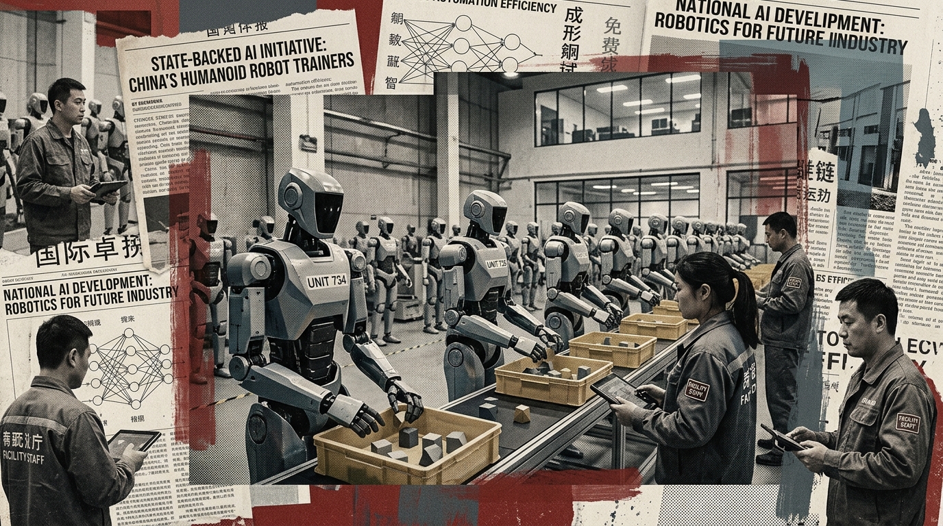 Rangées de robots humanoïdes chinois entraînés par des opérateurs avec manettes dans un centre soutenu par l'État