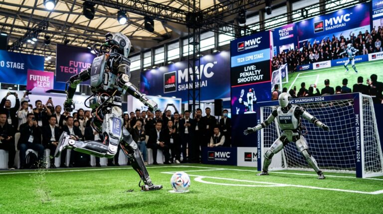 Robots humanoides lors d un concours de penalties au MWC Shanghai 2026