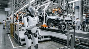 Robot humanoide Xiaomi CyberOne tenant un smartphone