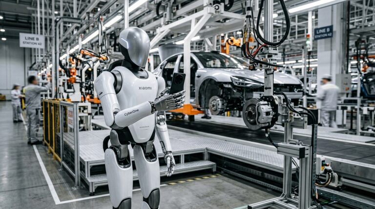 Robot humanoide Xiaomi CyberOne tenant un smartphone