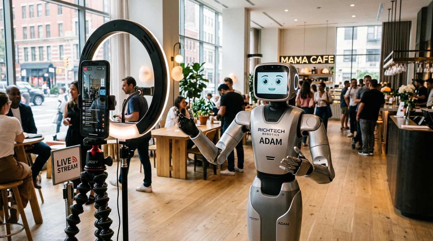 Le robot humanoïde à deux bras ADAM de Richtech Robotics filmé pour un livestream interactif