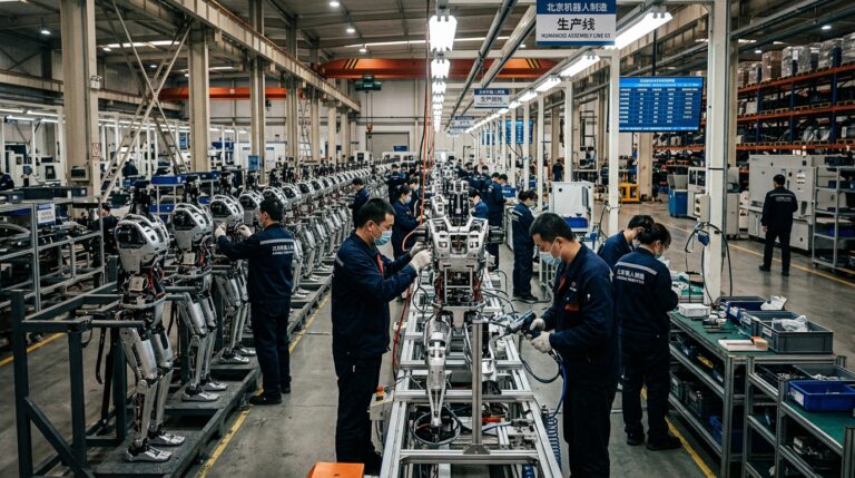 Ouvriers assemblant des robots humanoides dans une usine chinoise