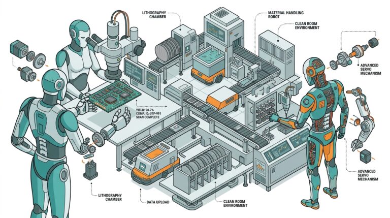 Robots humanoides taiwanais sur une ligne de production electronique