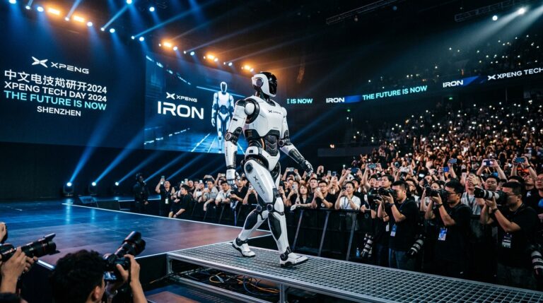 Robot humanoide XPeng Iron presente sur scene a Shenzhen