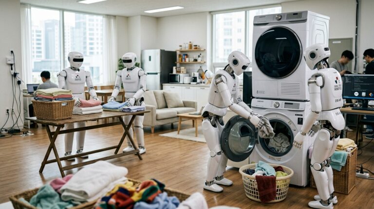 Robots humanoides CLOiD de LG repetant des taches menageres dans un appartement test a Seoul
