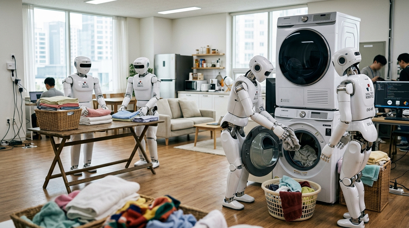 Robots humanoïdes CLOiD de LG répétant des tâches ménagères dans un appartement test à Séoul