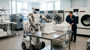 Robot humanoide R-noid de Robot.com dans un environnement de travail repetitif