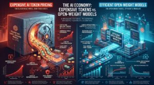 Infographie opposant tarification par tokens et modeles open-weight