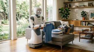 Robot domestique Isaac 1 de Weave Robotics pliant du linge