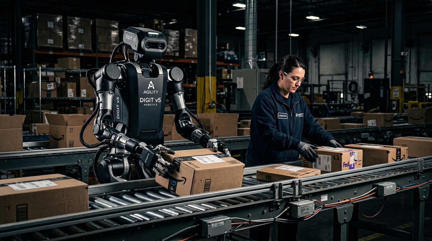 Robot Digit v5 d Agility Robotics dans un entrepot industriel, hub R&D Fremont Silicon Valley