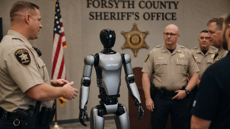 Robot humanoide Unitree G1 dans une salle de briefing de police, sherif de Forsyth County Caroline du Nord