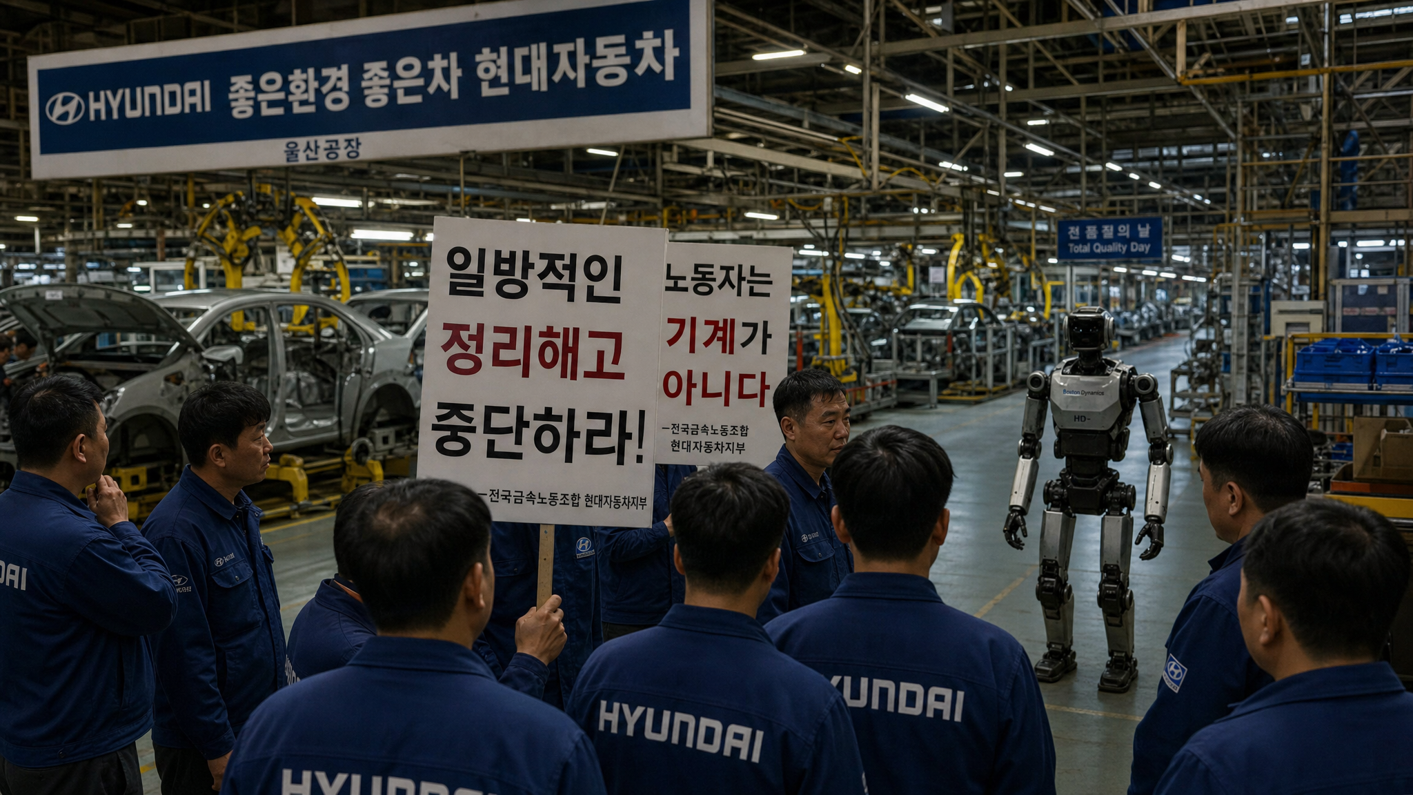 Ouvriers Hyundai en grève face aux robots Atlas dans l'usine d'Ulsan, Corée du Sud