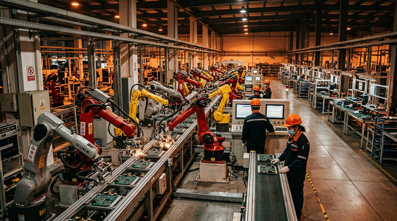 Ligne de production automatisée avec robots industriels dans une usine de Kunshan, Chine